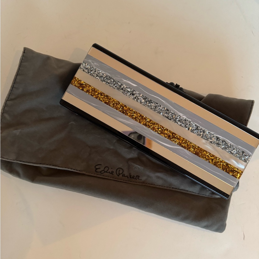Edie Parker Silver and Gold Striped Clutch Brand New Retail $1495